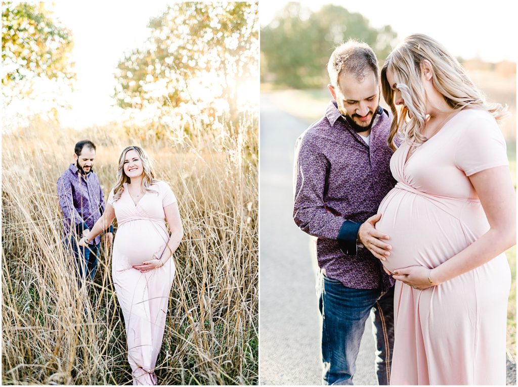 couple walking through tall grass holding baby belly st Joseph mo maternity session