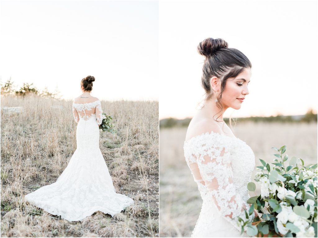 bridal portraits during sunset bridal session off the shoulder wedding dress with lace