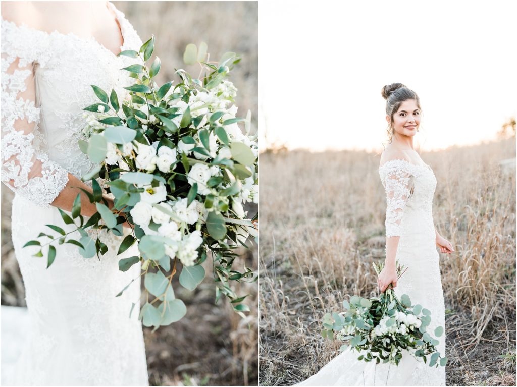 bridal portraits in field with green and white bouquet