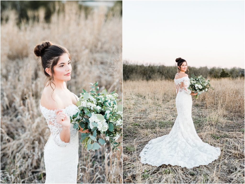 dress details of bride in field during sunset bridal session