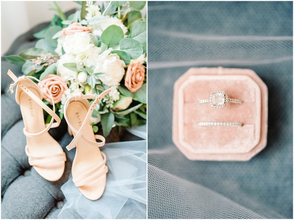 bridal details of bouquet rings and shoes