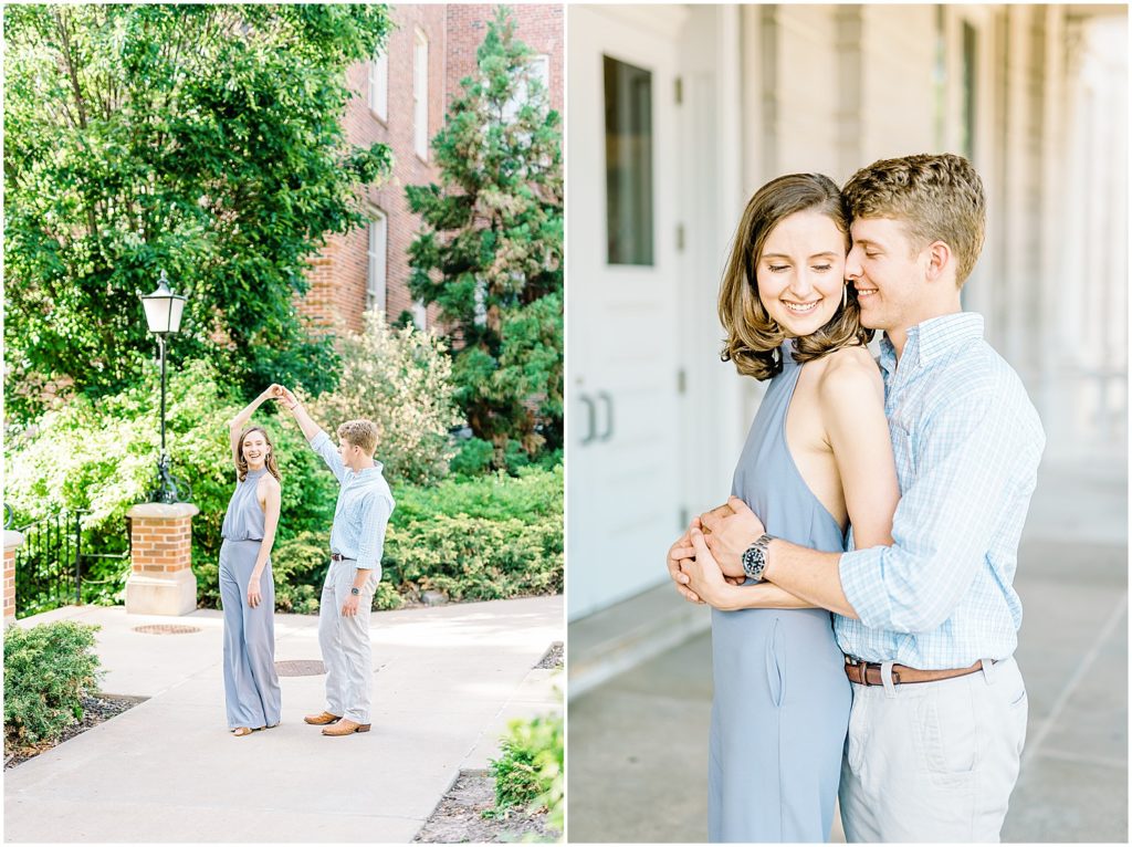 couple hugs and dances for engagement session on mu campus