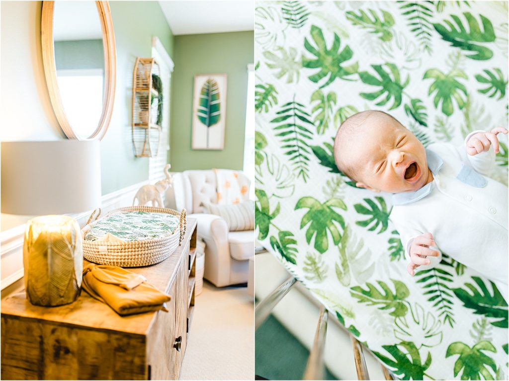 safari themed nursery with green leaves crib sheet and baby yawning