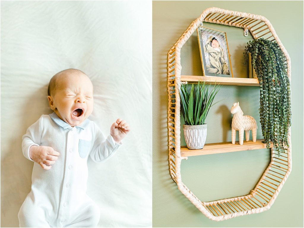 baby yawns next to shelf in the nursery with safari themed decorations