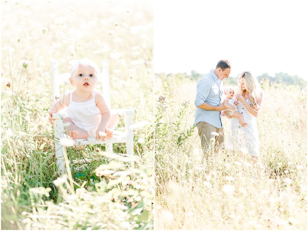 baby girl sitting in white rocking chair in field family portrait session