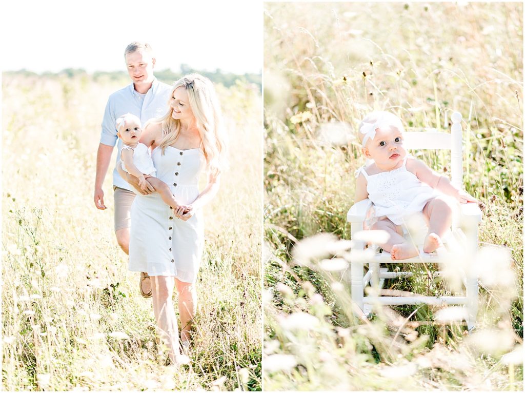 young couple and 6 month old girl in field family portrait session