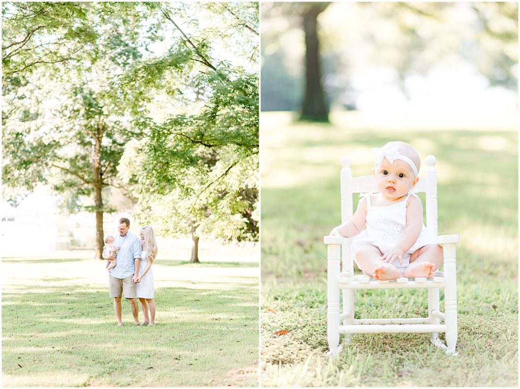 young parents holding baby girl and baby girl sitting in rocking chair looking at camera family portrait session