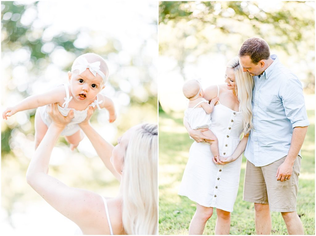 6 month old baby girl being held above head family portrait session
