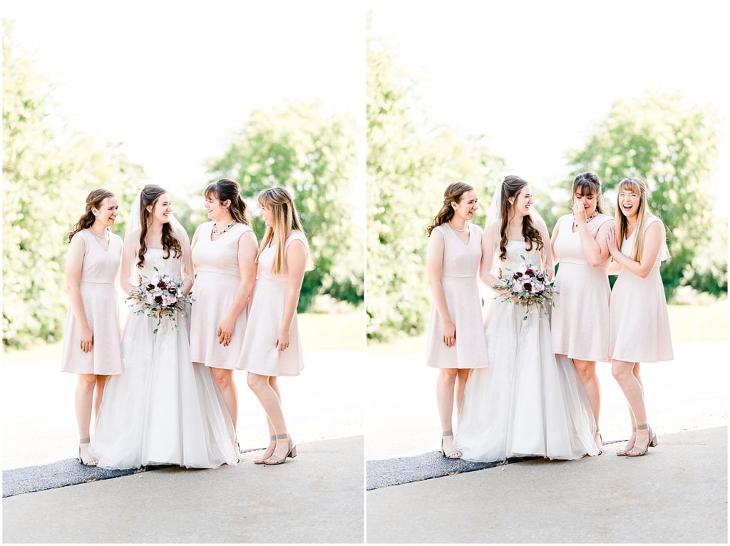 bride and bridesmaids smiling for camera and laughing