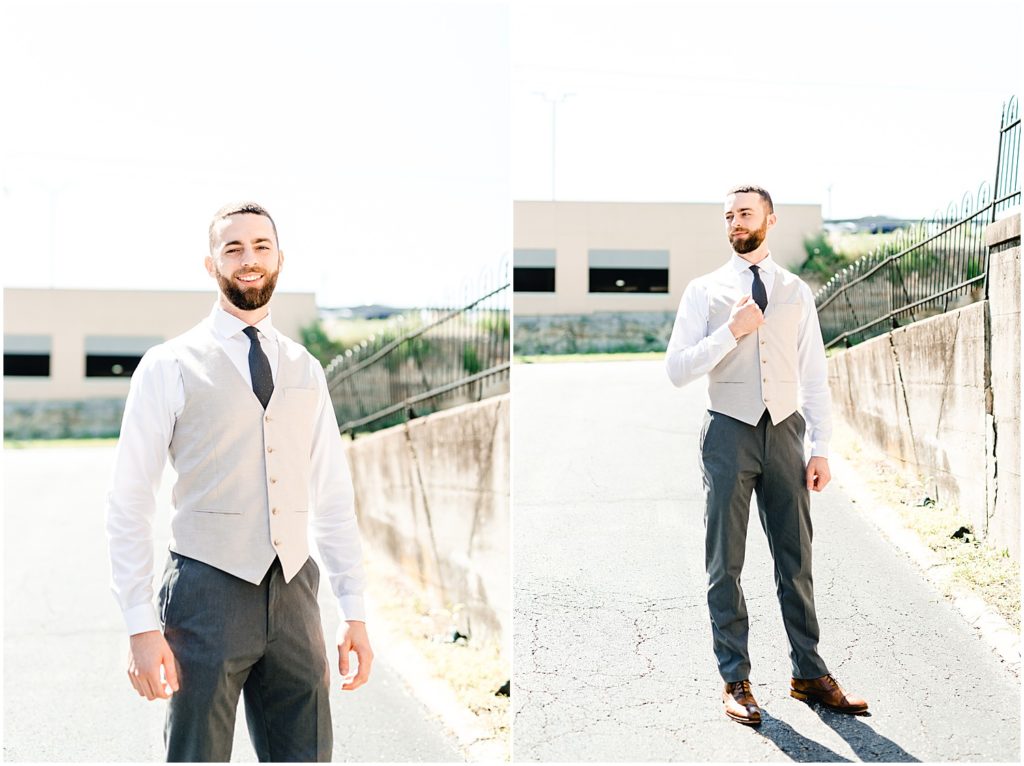 groom posing for the camera in church parking lot