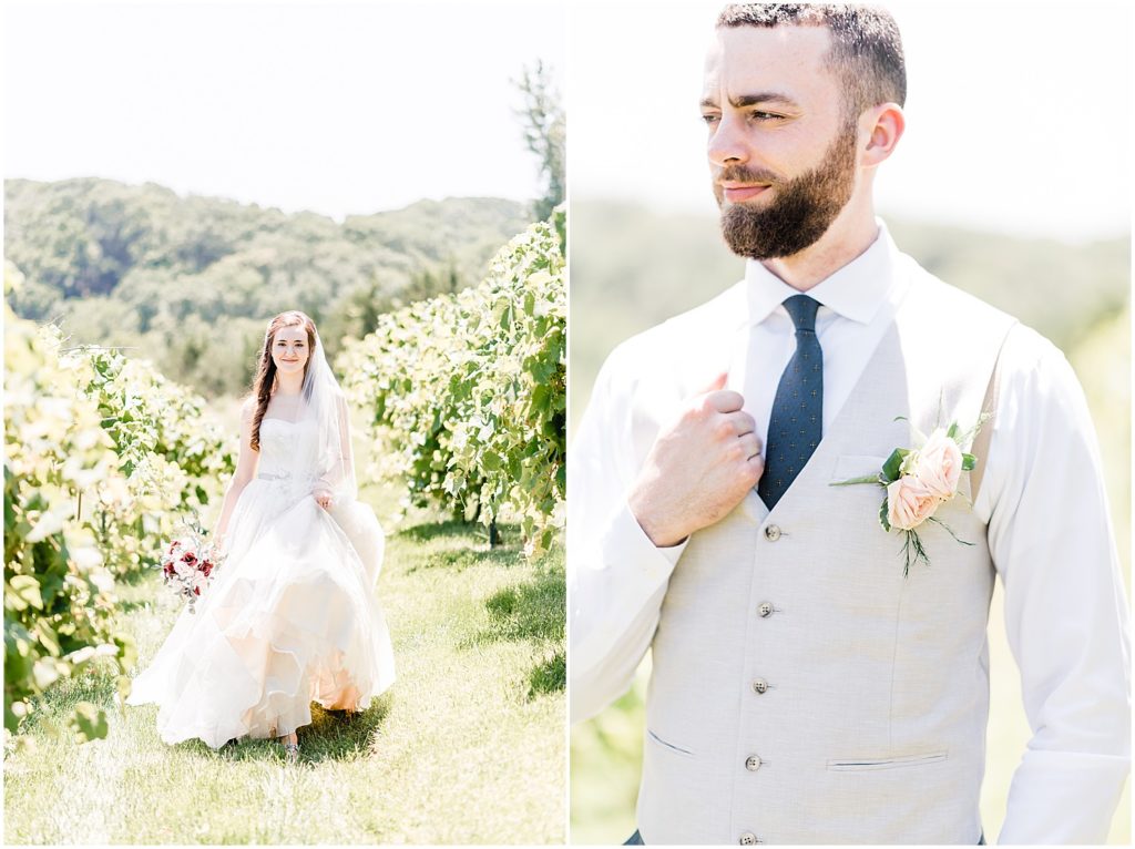 bride and groom standing in vineyards