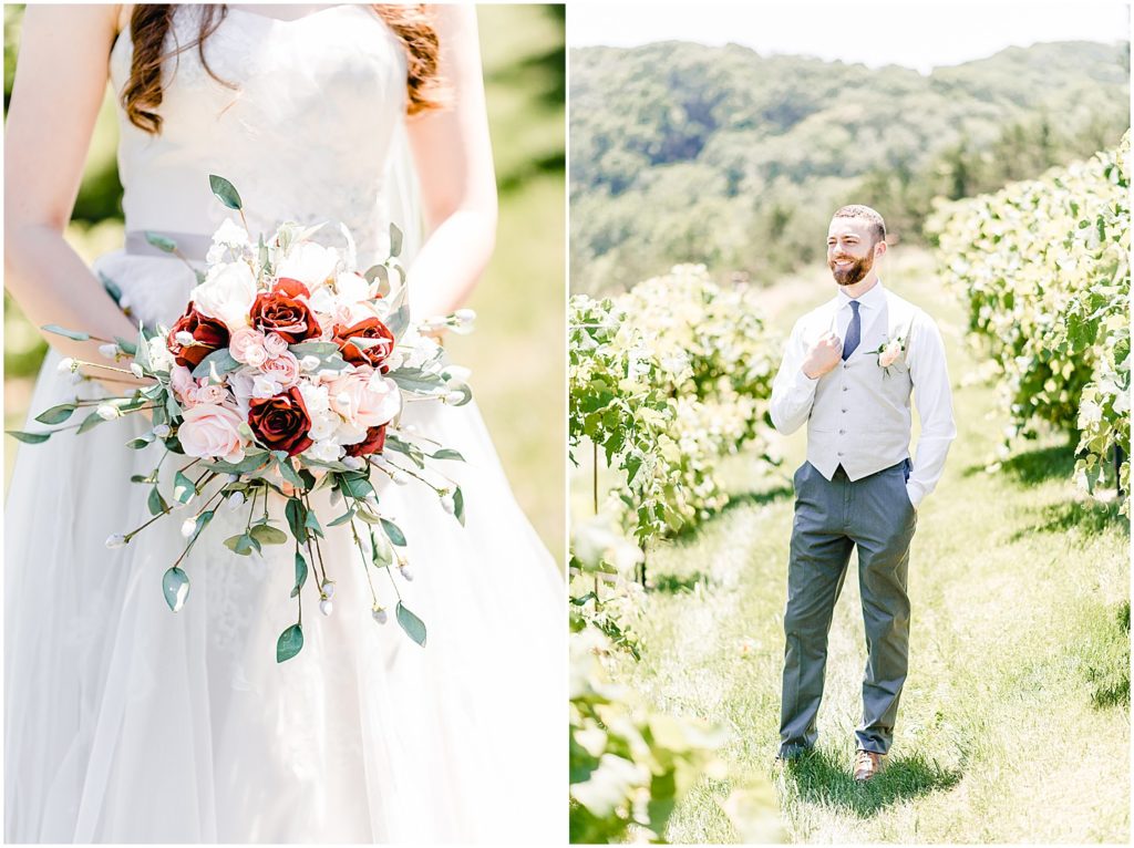 bride and groom standing in vineyard