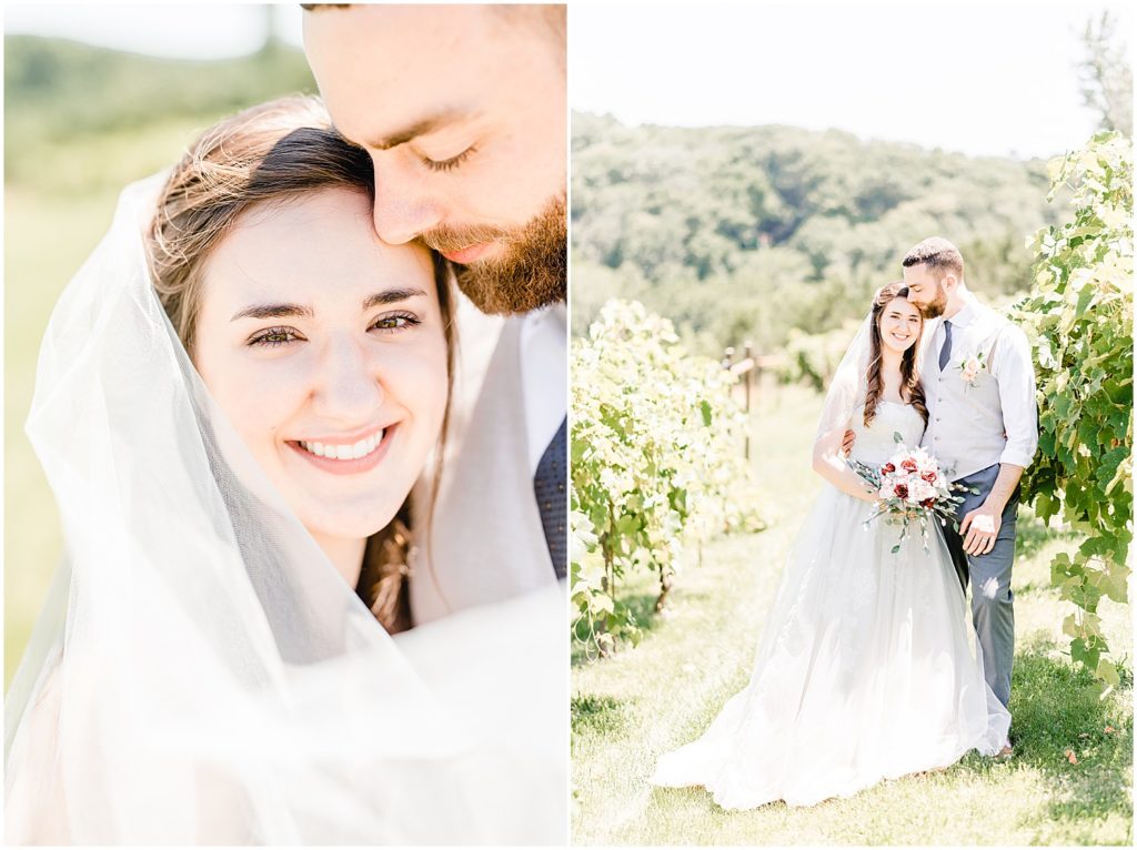 bride and groom smiling at camera canterbury hill winery vineyard
