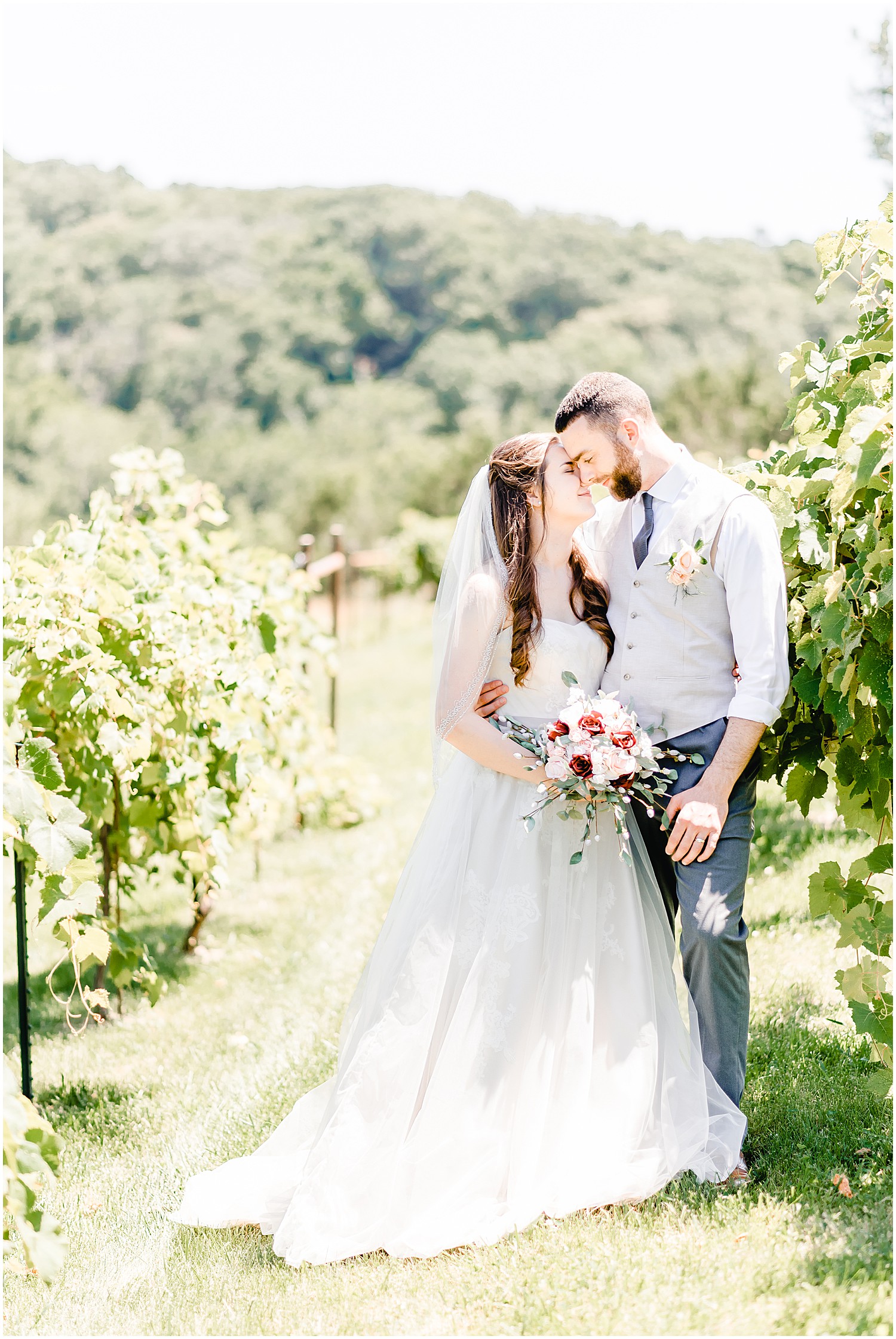 bride and groom kissing nuzzling canterbury hill winery vineyard