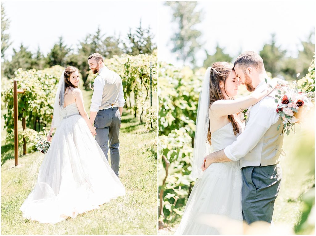 bride and groom smiling and kissing canterbury hill winery vineyard