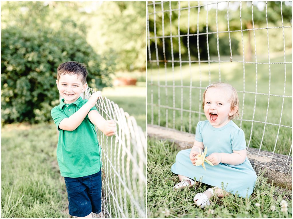 young kids standing and sitting next to old wire fence Westphalia, mo family portrait session