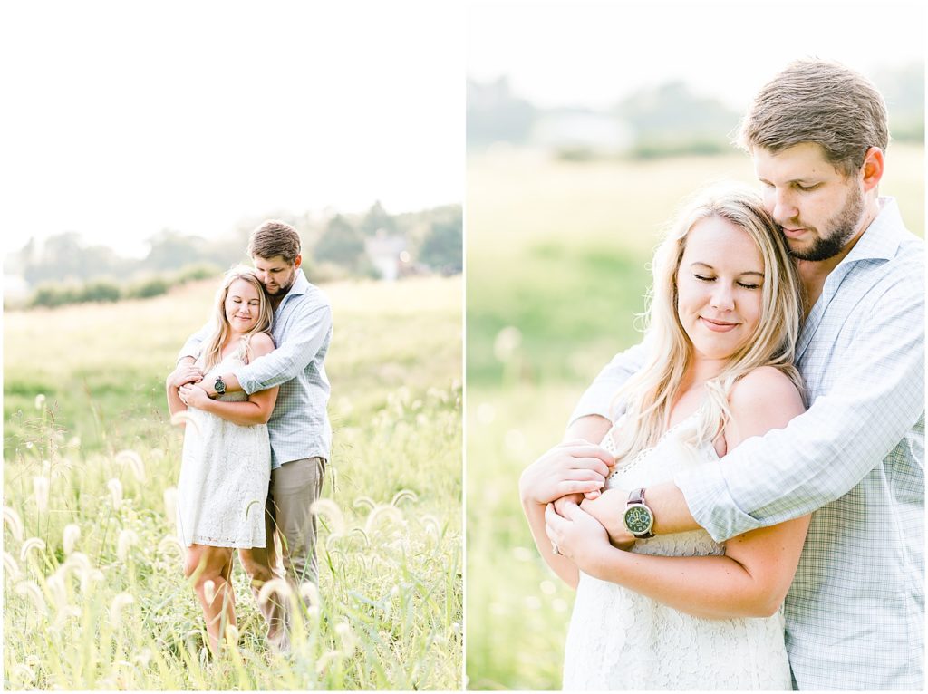 Cooper's ridge engagement session couple standing in field of grass peaceful