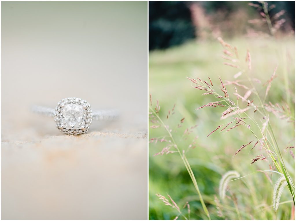 Cooper's ridge engagement session detail shot of engagement ring and greenery grass