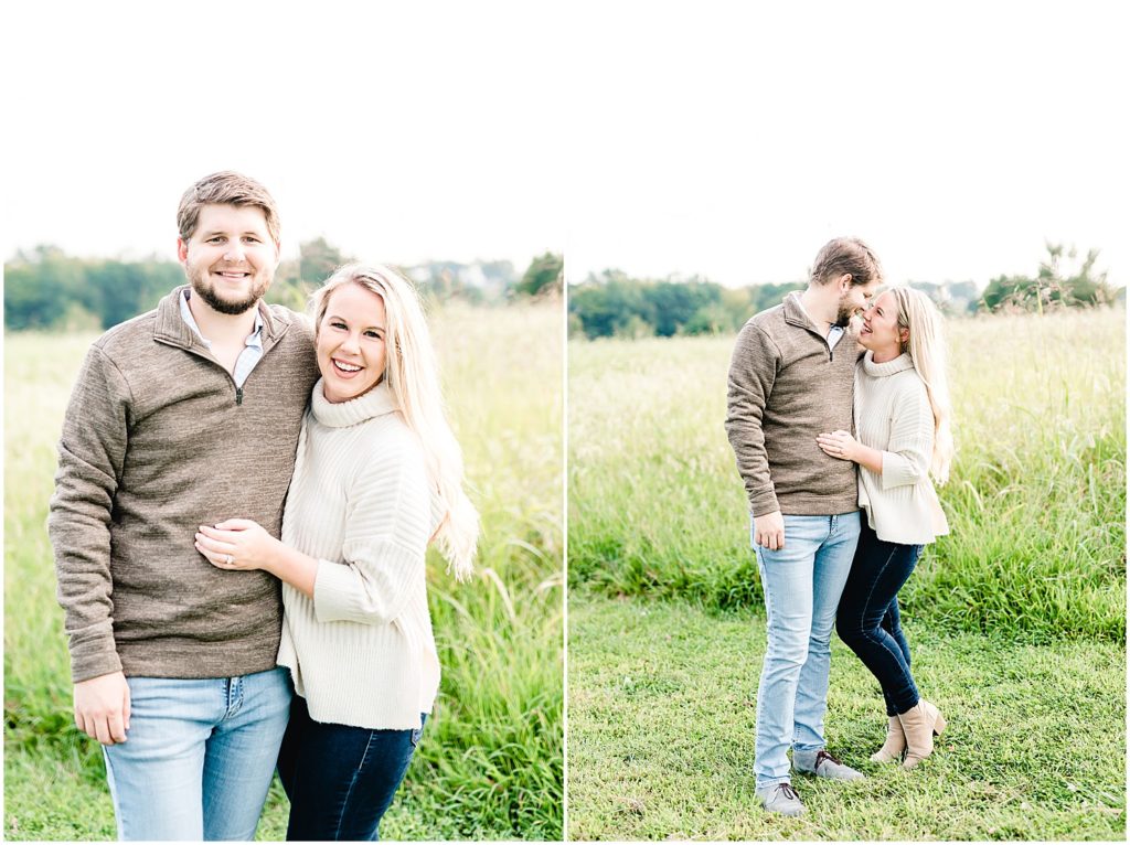 Cooper's ridge engagement session couple standing in field of grass in fall clothes
