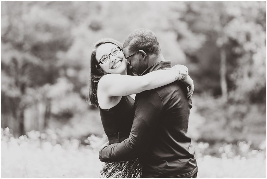 Runge Nature Center engagement session couple hugging in black and white