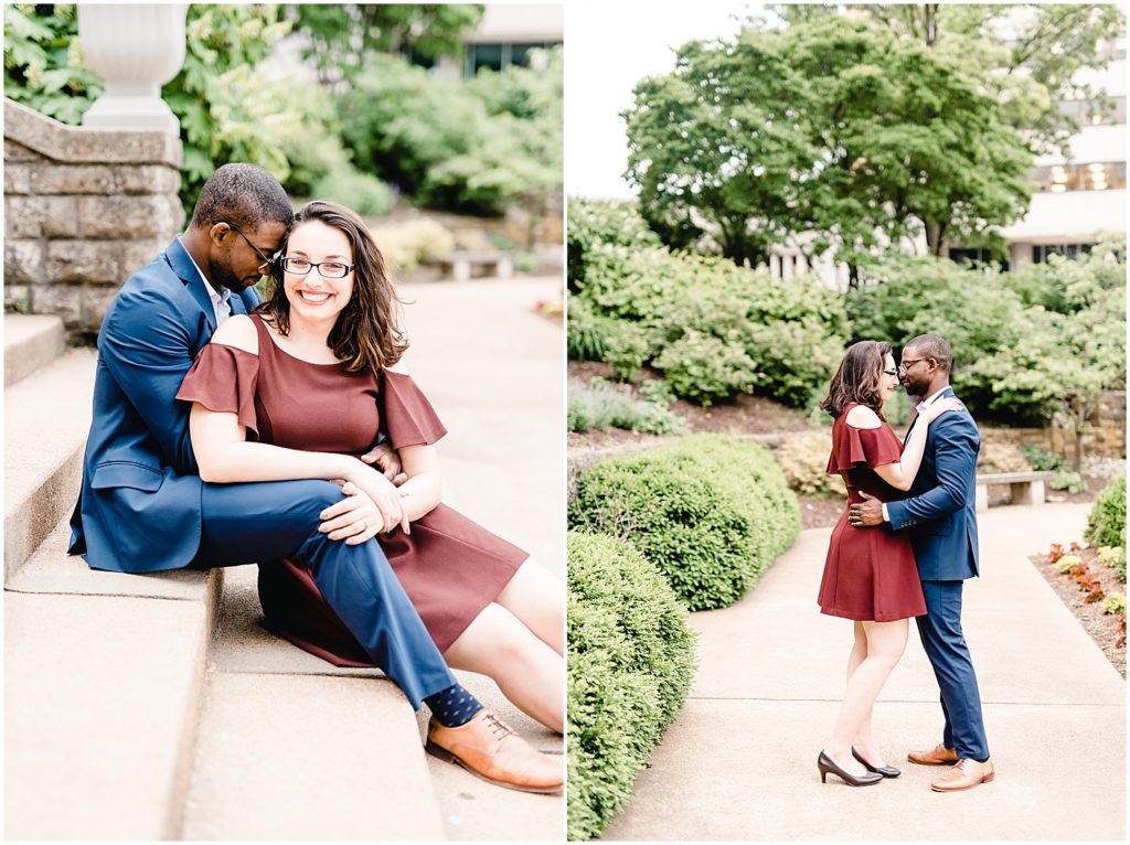 jefferson city governor's garden engagement session couple sitting on stairs