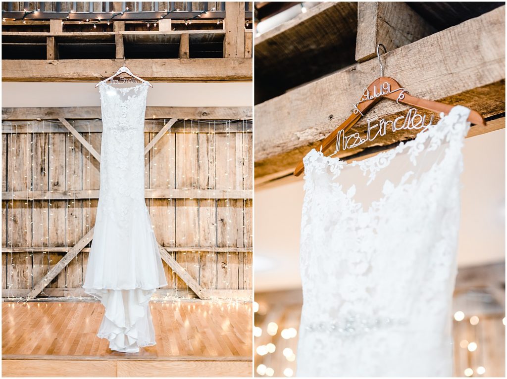 Bridal gown hanging in barn altar personalized hanger