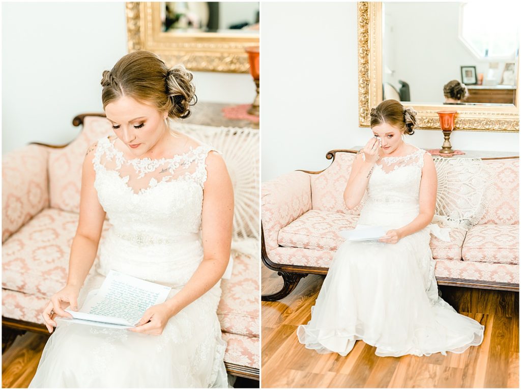 bride reading letter crying getting ready room