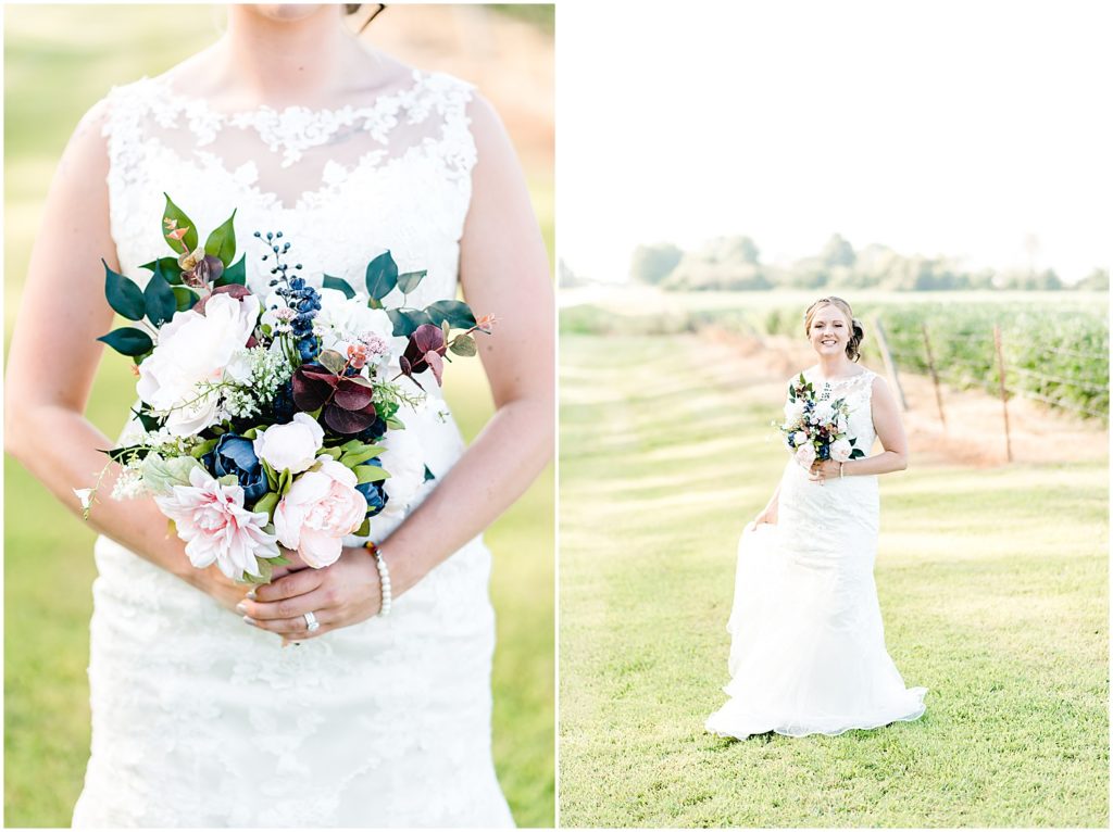 bride smiling with bouquet field 