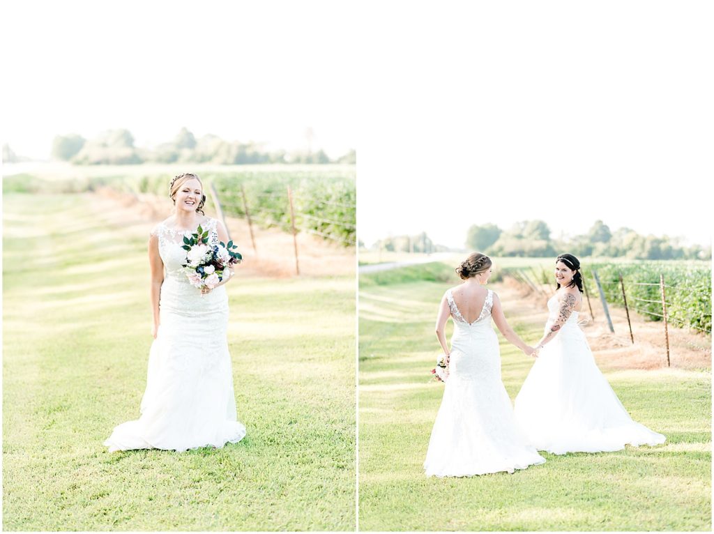bridal portraits two brides walking together in field