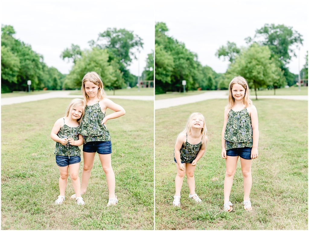two girls posing next to each other matching green shirts linn mo park family portrait session