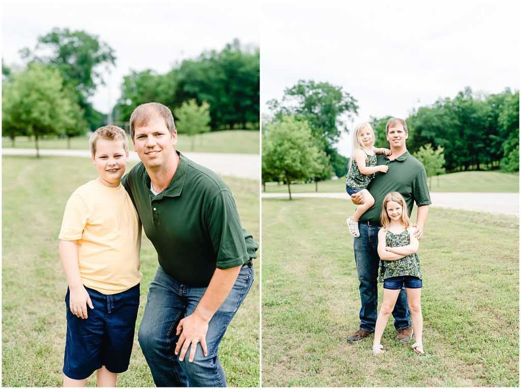 dad posing with children green and yellow outfits linn mo family portrait session