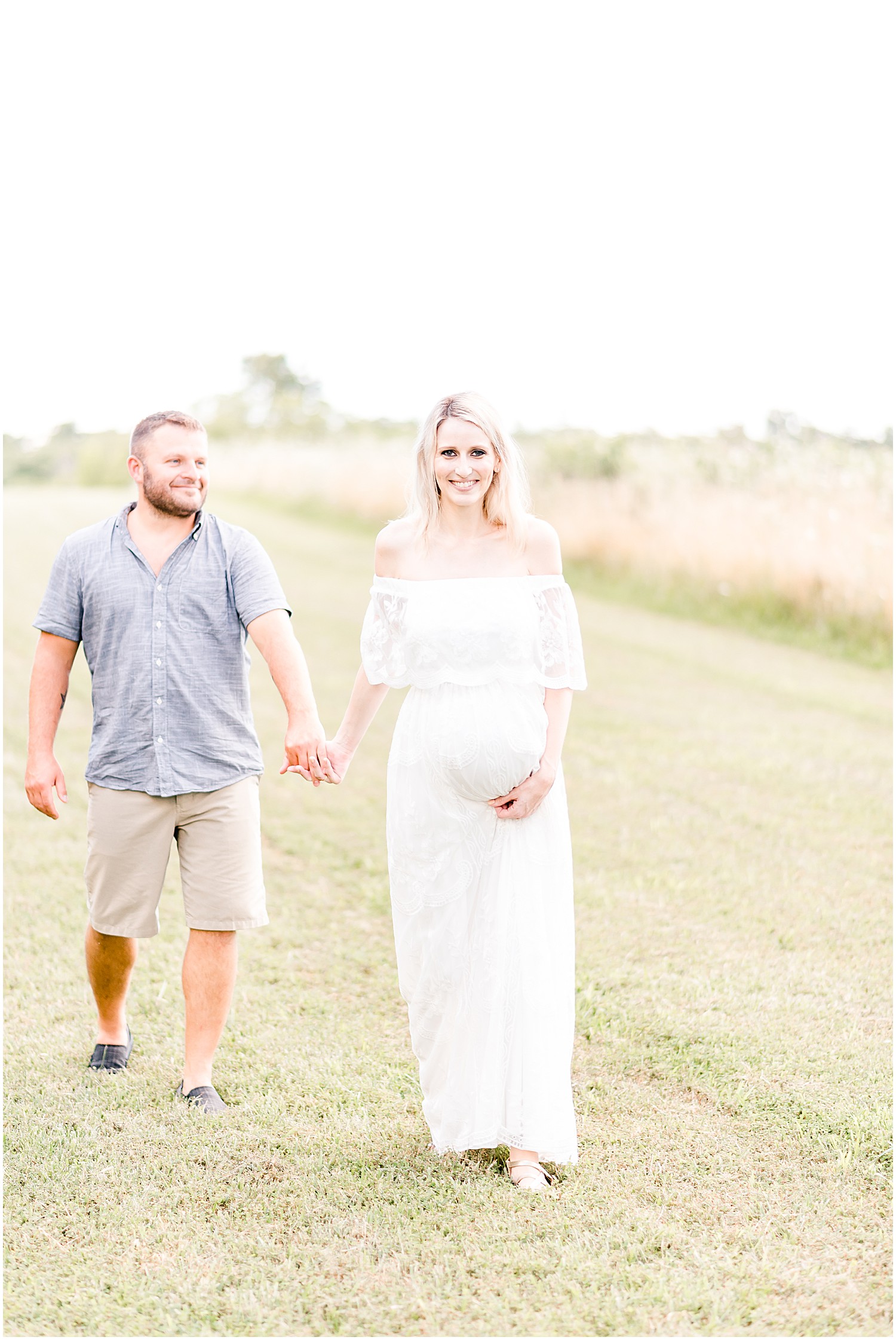 pregnant mom in long white dress walking toward camera