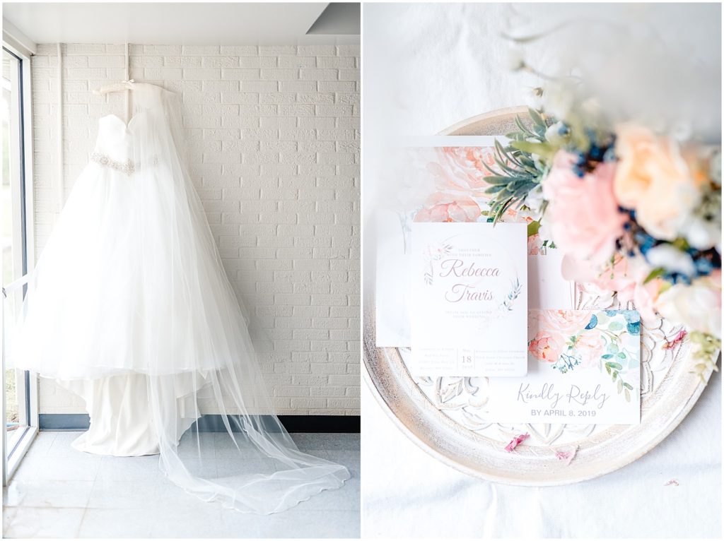 wedding gown and invitation suite