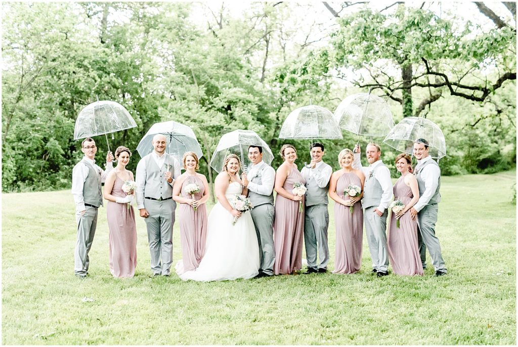 wedding party photo under umbrellas