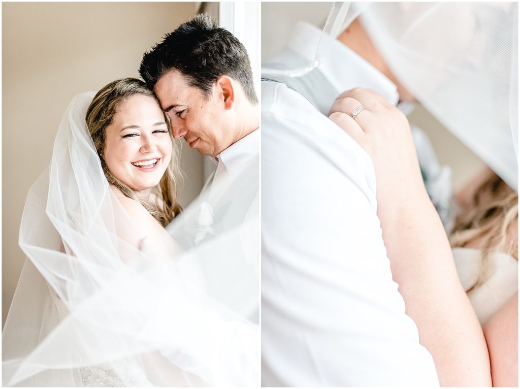 bride and groom portraits by large window