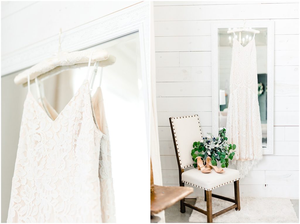 warehouse 55 bride and groom styled session dress hanging on mirror and bouquet