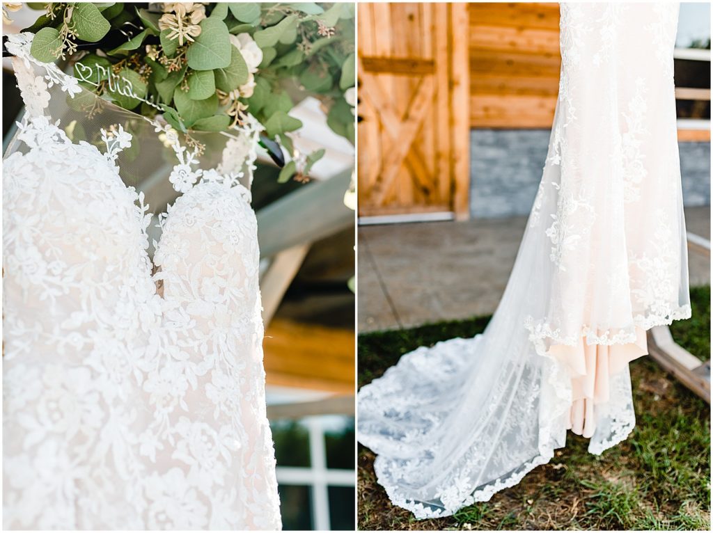 wedding dress details hanging on altar lace ivory 