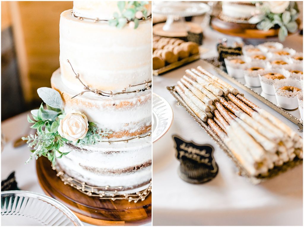 cake table details naked cake pretzel sticks barn wedding