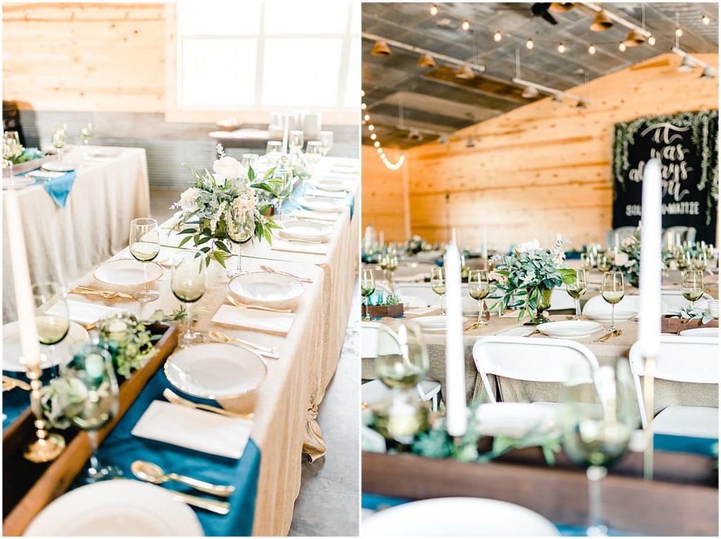 table decorations barn at honeysuckle farm wedding reception blue green gold