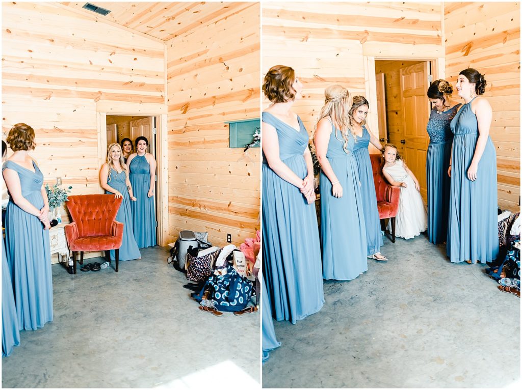 bridesmaids reveal bride in dress getting ready room