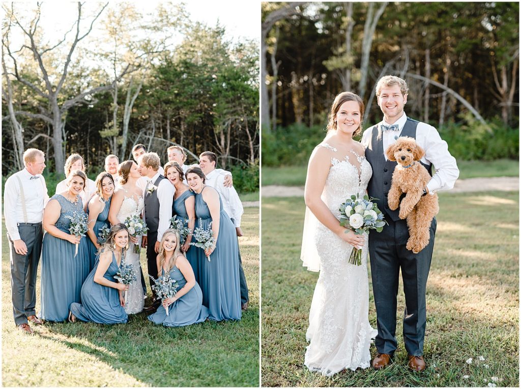 bride and groom with dog wedding party portraits
