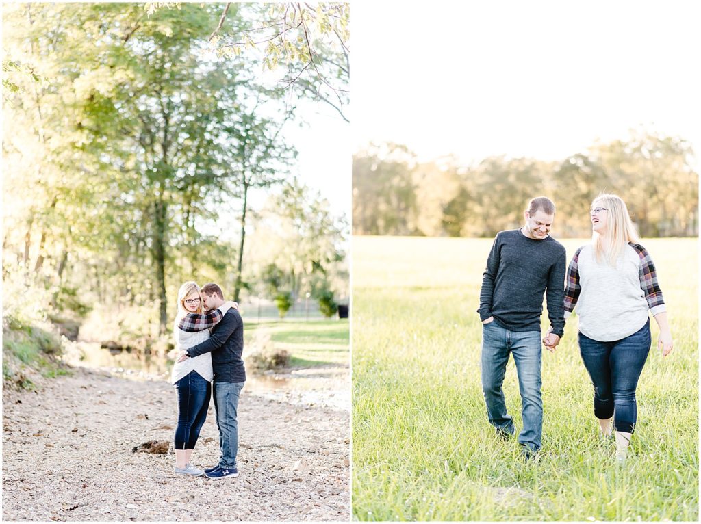 couple smiling together in field engagement session
