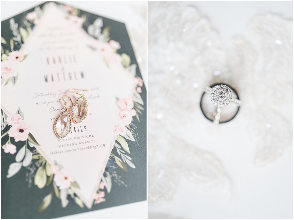 bridal earrings and bridal rings on invitation suite