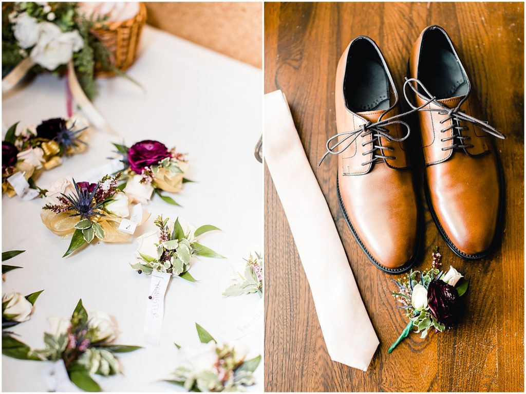 groom details shoes tie flowers boutonniere.