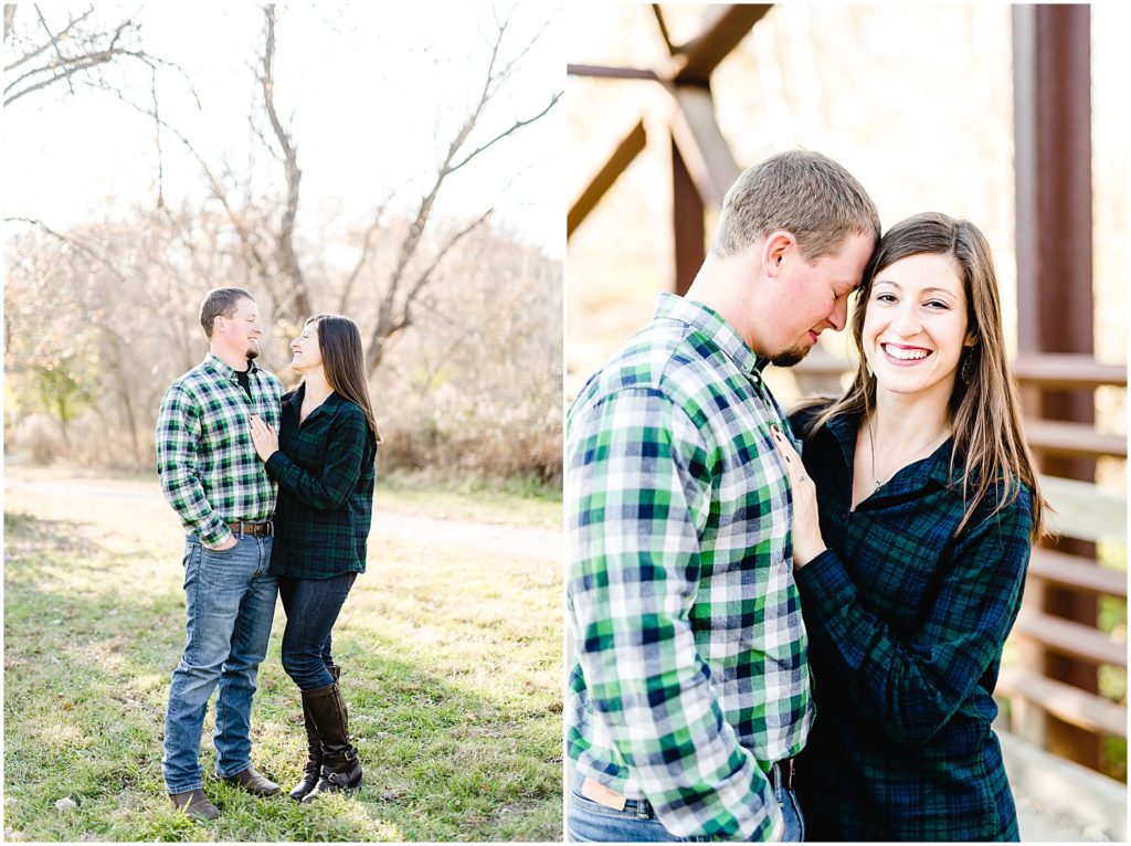 couple smiling at camera engagement session 