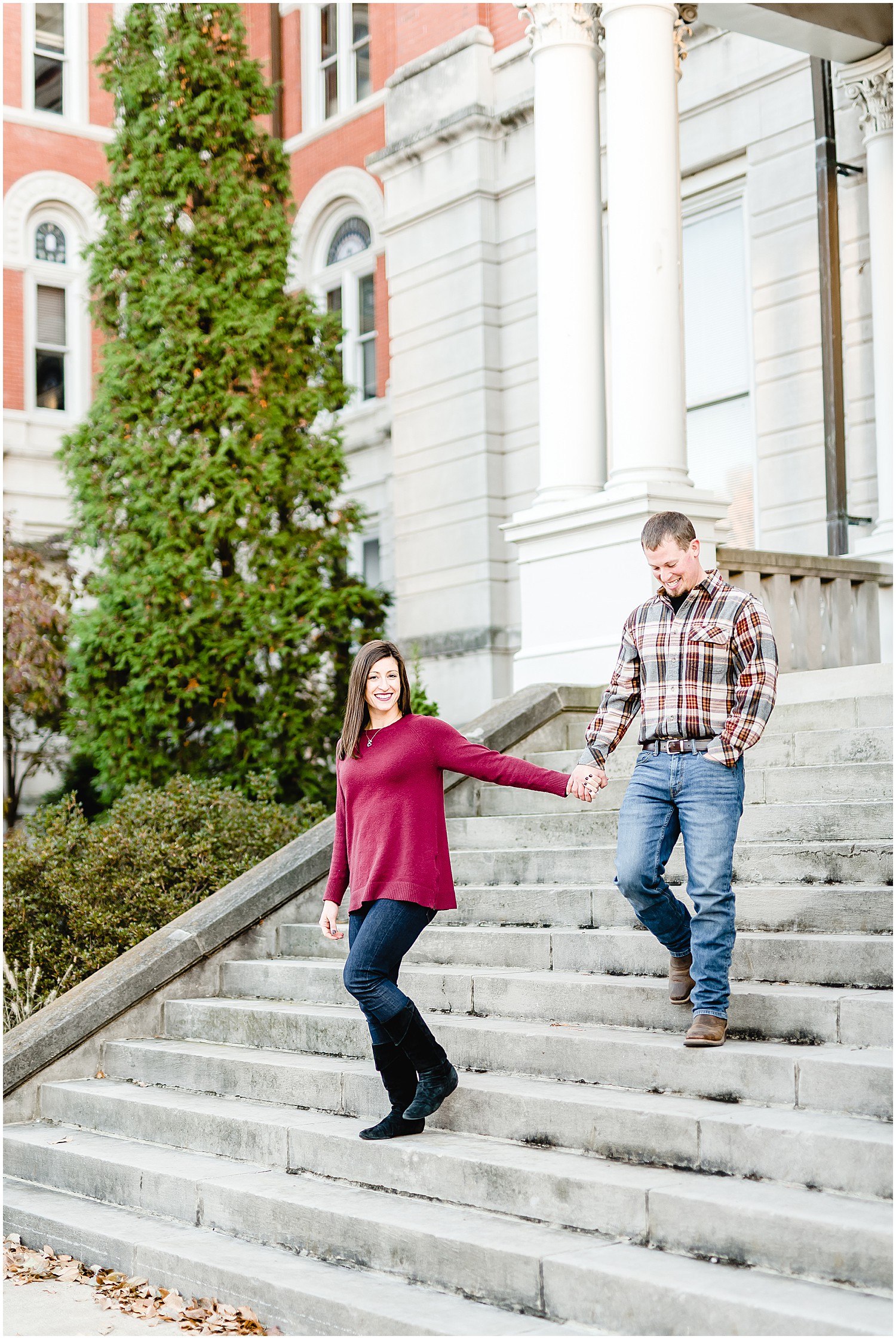 mizzou campus jesse hall stairs couple walking down stairs engagement session