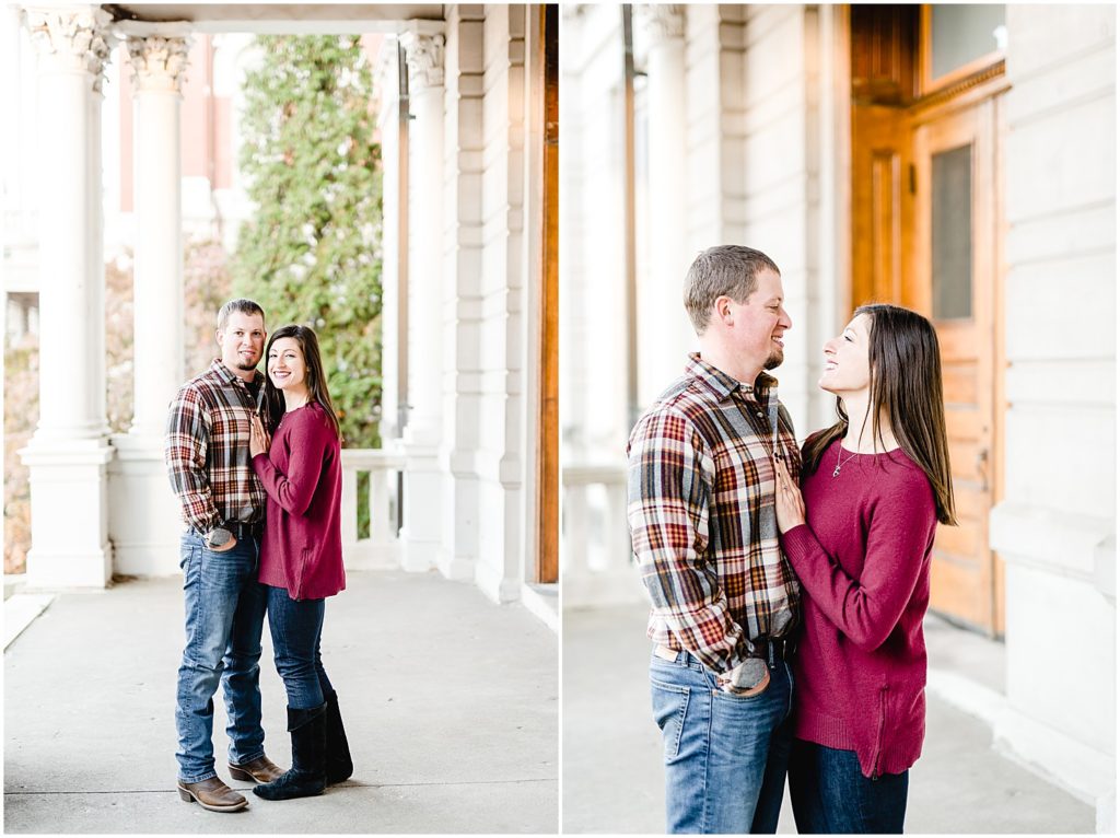 couple smiling and hugging jesse hall mizzou campus engagement session