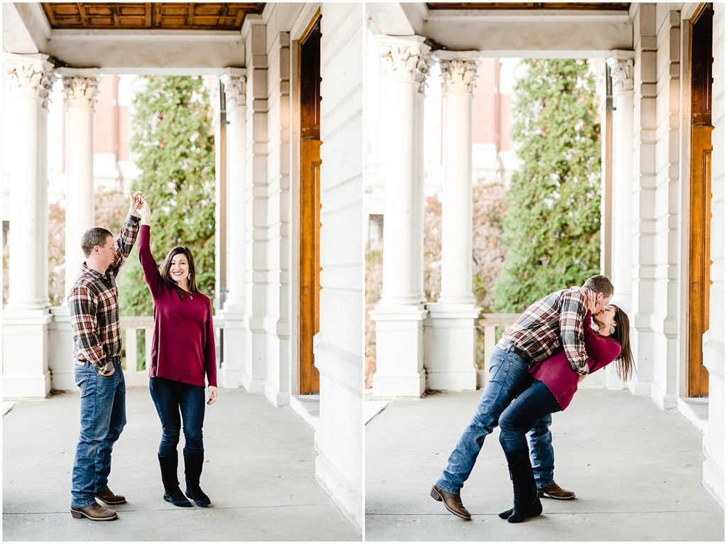 couple twirling dancing kissing engagement session