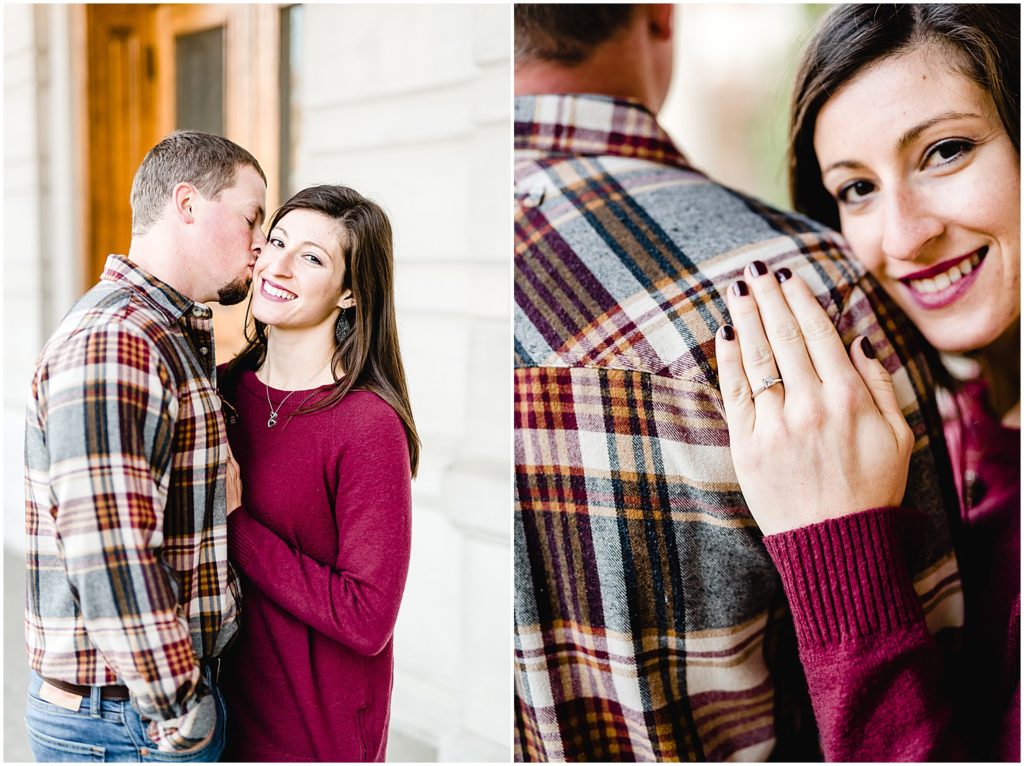 couple smiling at camera engagement session