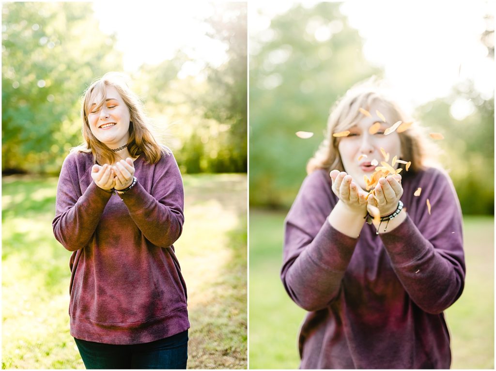 senior session laughing blowing leaves holts summit senior session